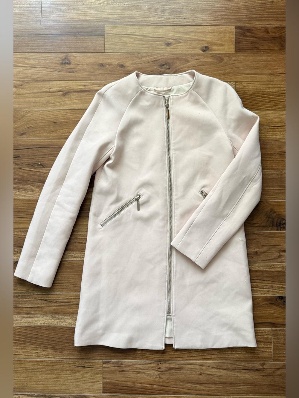 H&M Light Pink Blush Zip Front Long Coat Jacket Size 2 Minimalist Chic